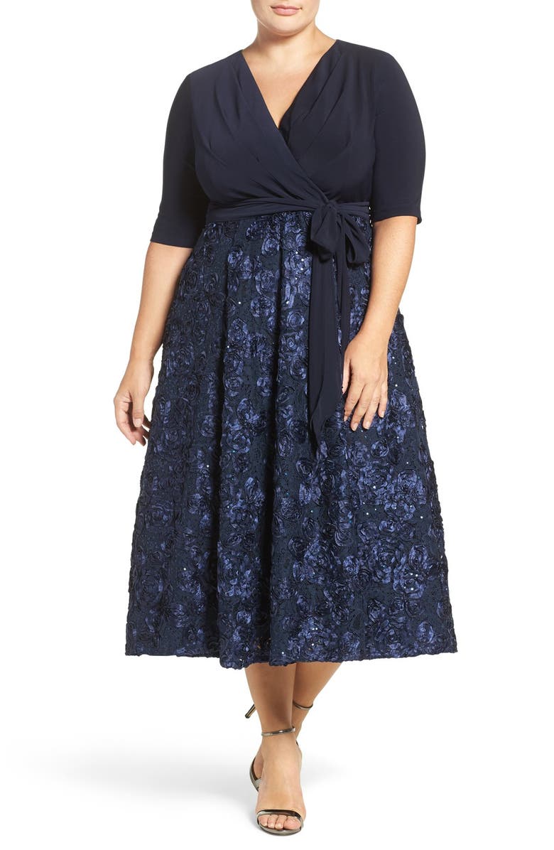 Alex Evenings Tea Length Jersey & Rosette Lace Dress, Alternate, color, Navy