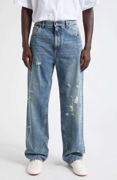 Distressed Pleated Straight Leg Jeans