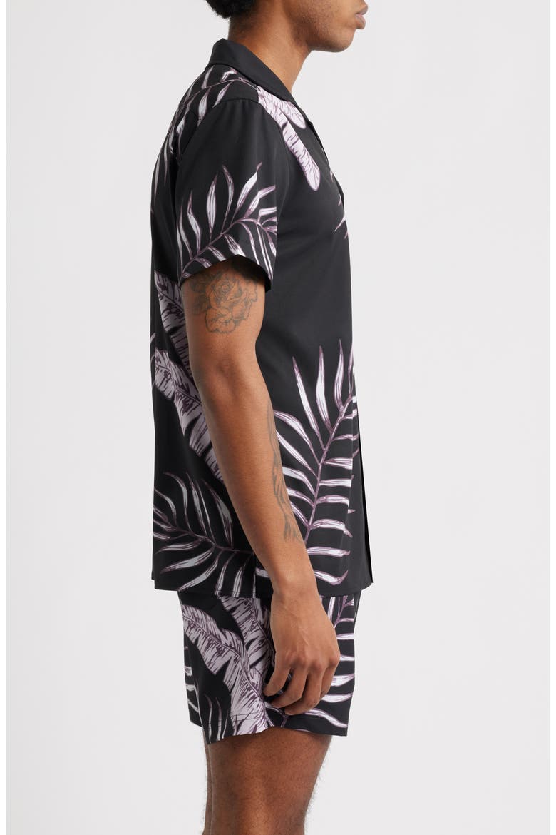 Tonal Jungle Print Short Sleeve Performance Camp Shirt, Alternate, color, BLACK