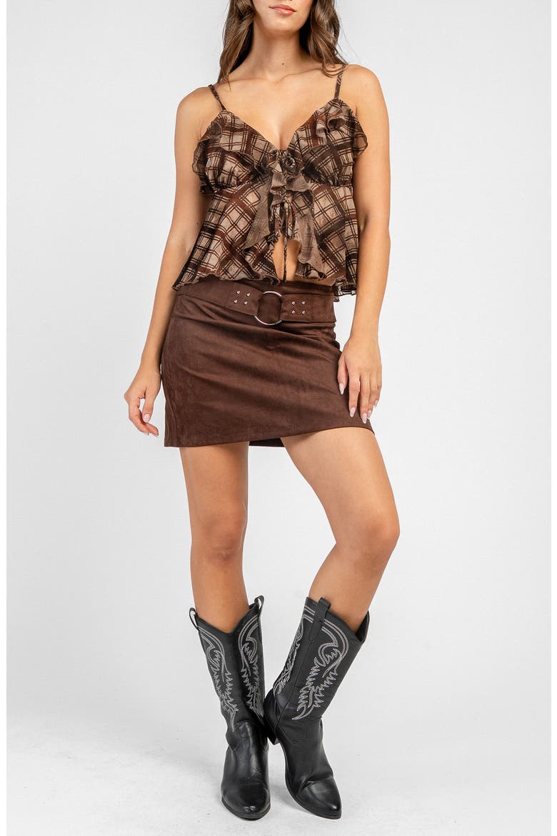 Flocked Mesh Ruffled Tank, Alternate, color, BROWN