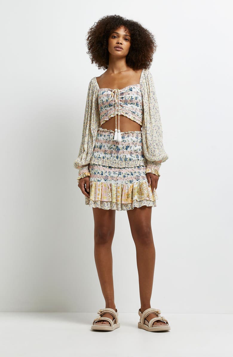 River Island Floral Print Smocked Puff Sleeve Metallic Crop Top, Alternate, color, 