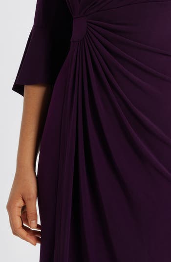 Ruched Bell Sleeve Faux Wrap Cocktail Dress