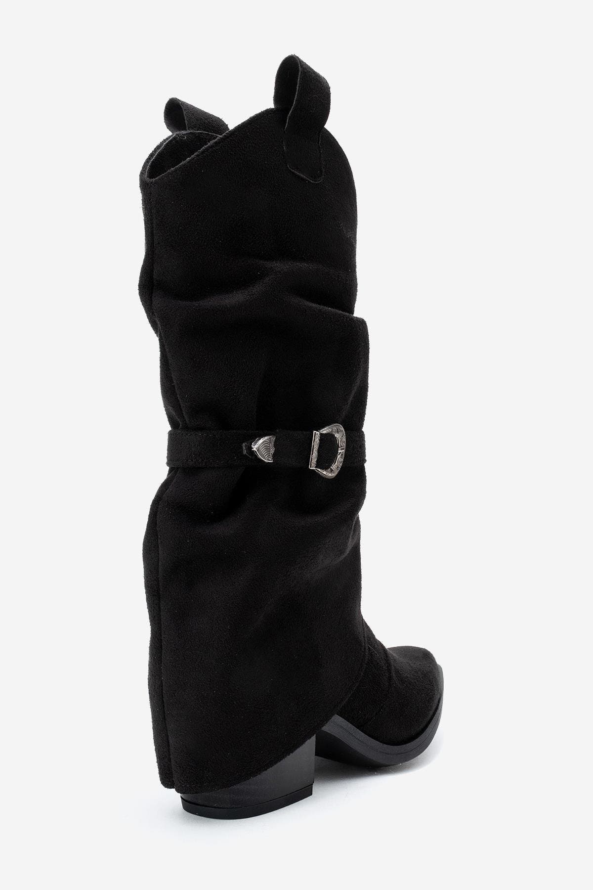 Okus Buckle Block Heel Boot, Alternate, color, Black Suede Faux Leather
