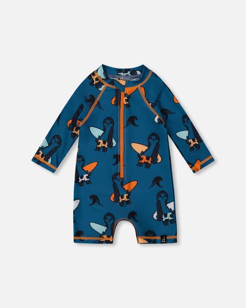Baby Boy's Printed Long Sleeve One-Piece Rashguard Orange Sloths On Navy Blue