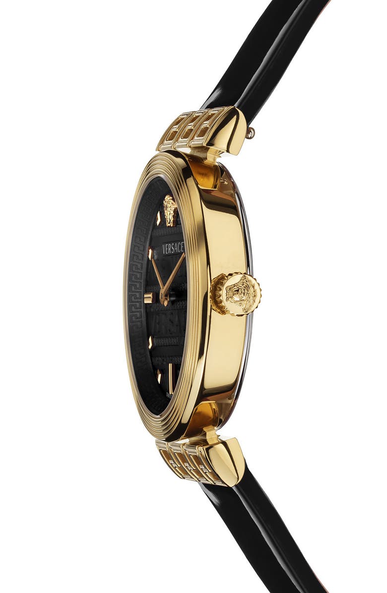 Versace Greca Detailed Leather Strap Watch, 34mm, Alternate, color, 