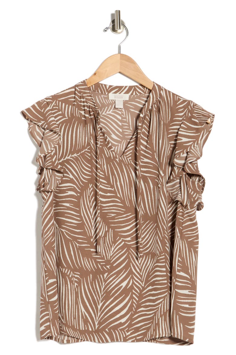 Ruffle Sleeve Tie Neck Top, Alternate, color, BROWN LENTIL PALMETTO PRINT