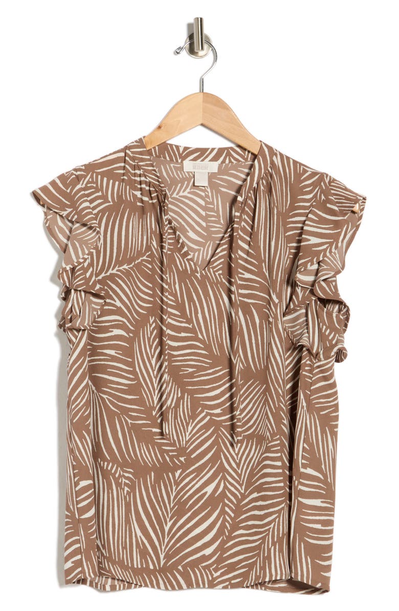 NORDSTROM RACK Tie Neck Ruffle Cap Sleeve Top, Alternate, color, Brown Lentil Palmetto Print