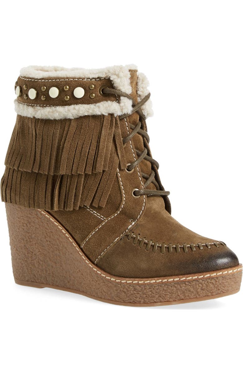 Sam Edelman 'Kemper' Fringe Wedge Bootie, Main, color, Moss Green Suede