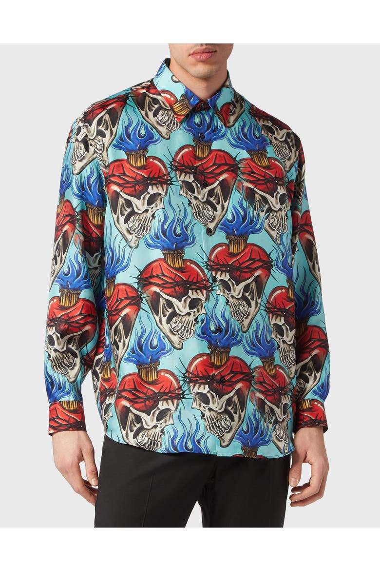 Silk Dandy Shirt Love Tattoo Men, Main, color, turquoise