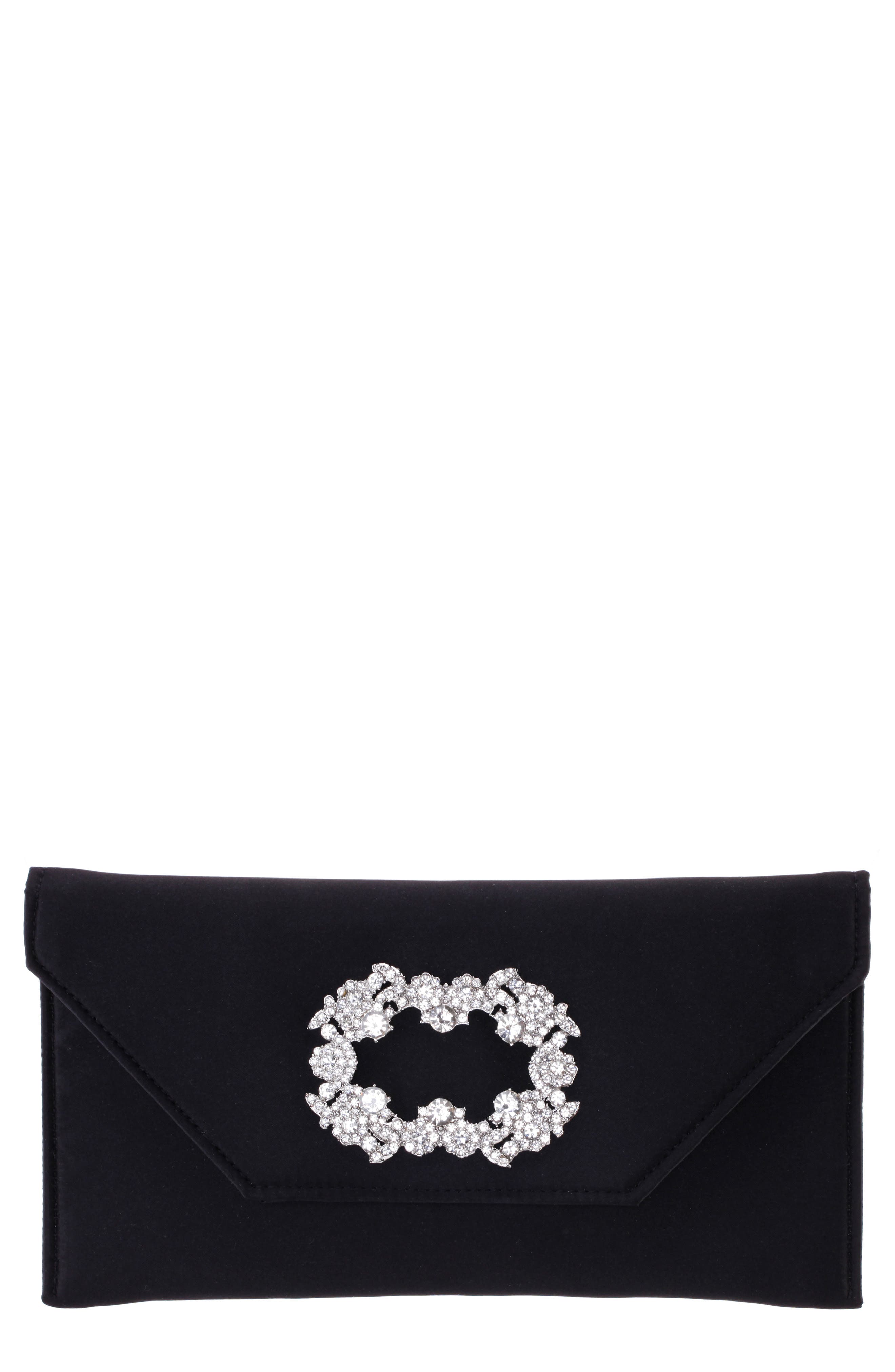 Nina Hepburn Crystal Buckle Clutch, Main, color, 