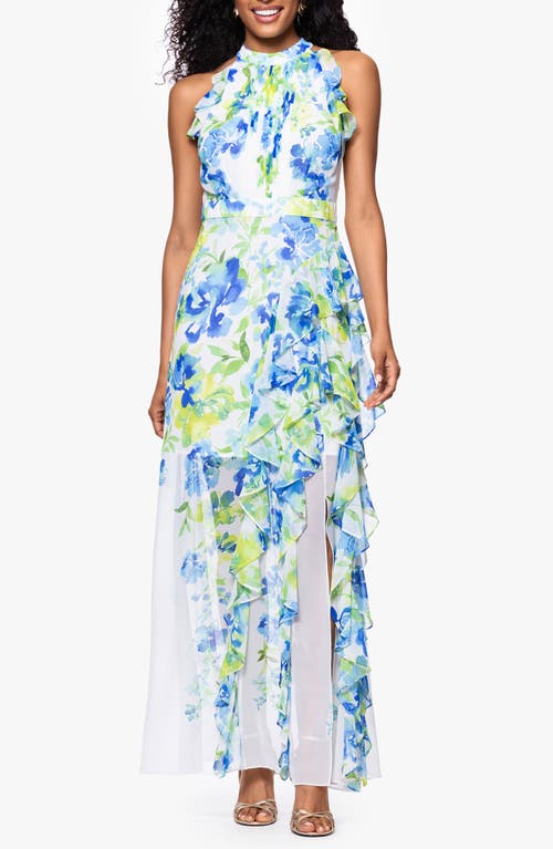 BETSY & ADAM BETSY & ADAM PRINT RUFFLE SLEEVELESS GOWN 