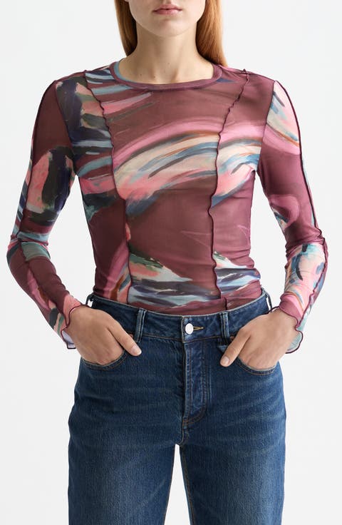 Patchwork Print Mesh Top