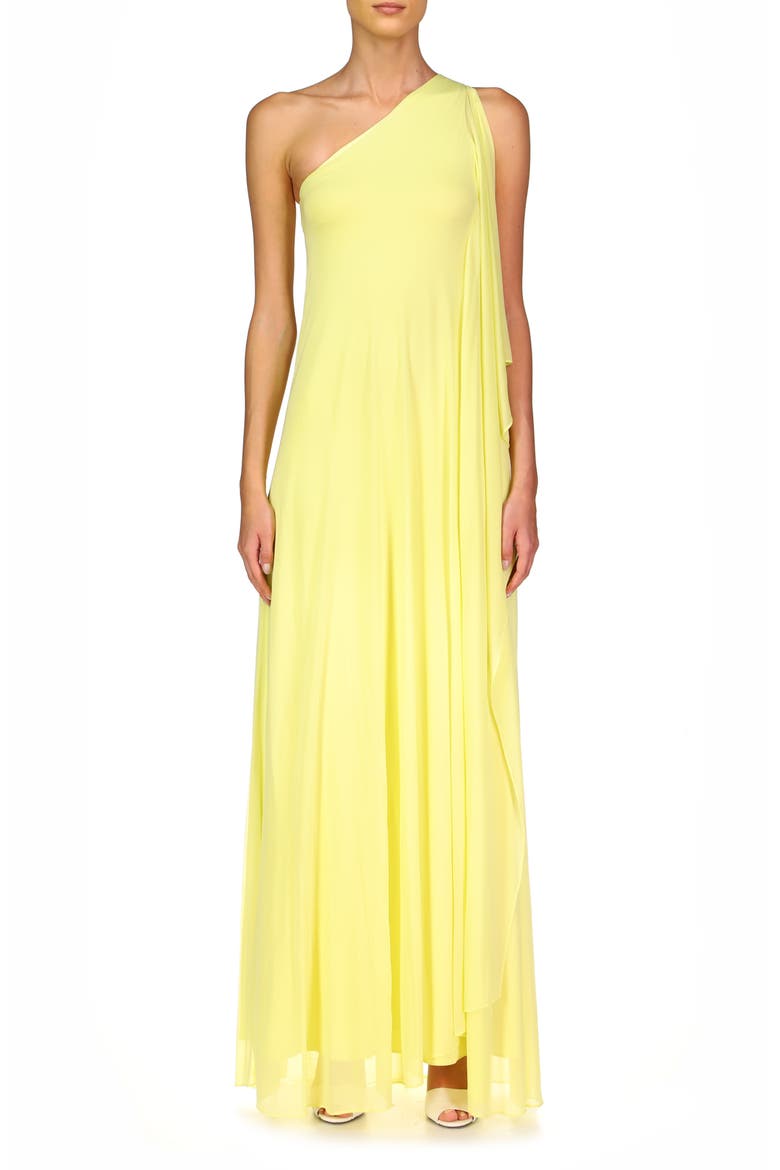 Evening Vivian One-Shoulder Sheer Matte Jersey Drape Gown, Main, color, YELLOW