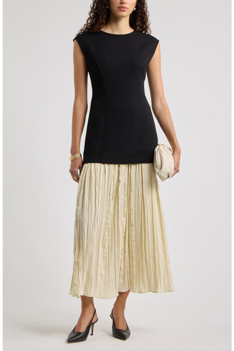 Mixed Media Pleated Dress, Main, color, BLACK-BEIGE PORCELAIN