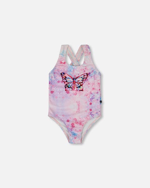 Girl's Printed One-Piece Swimsuit Pink Butterflies With Bubble Effects