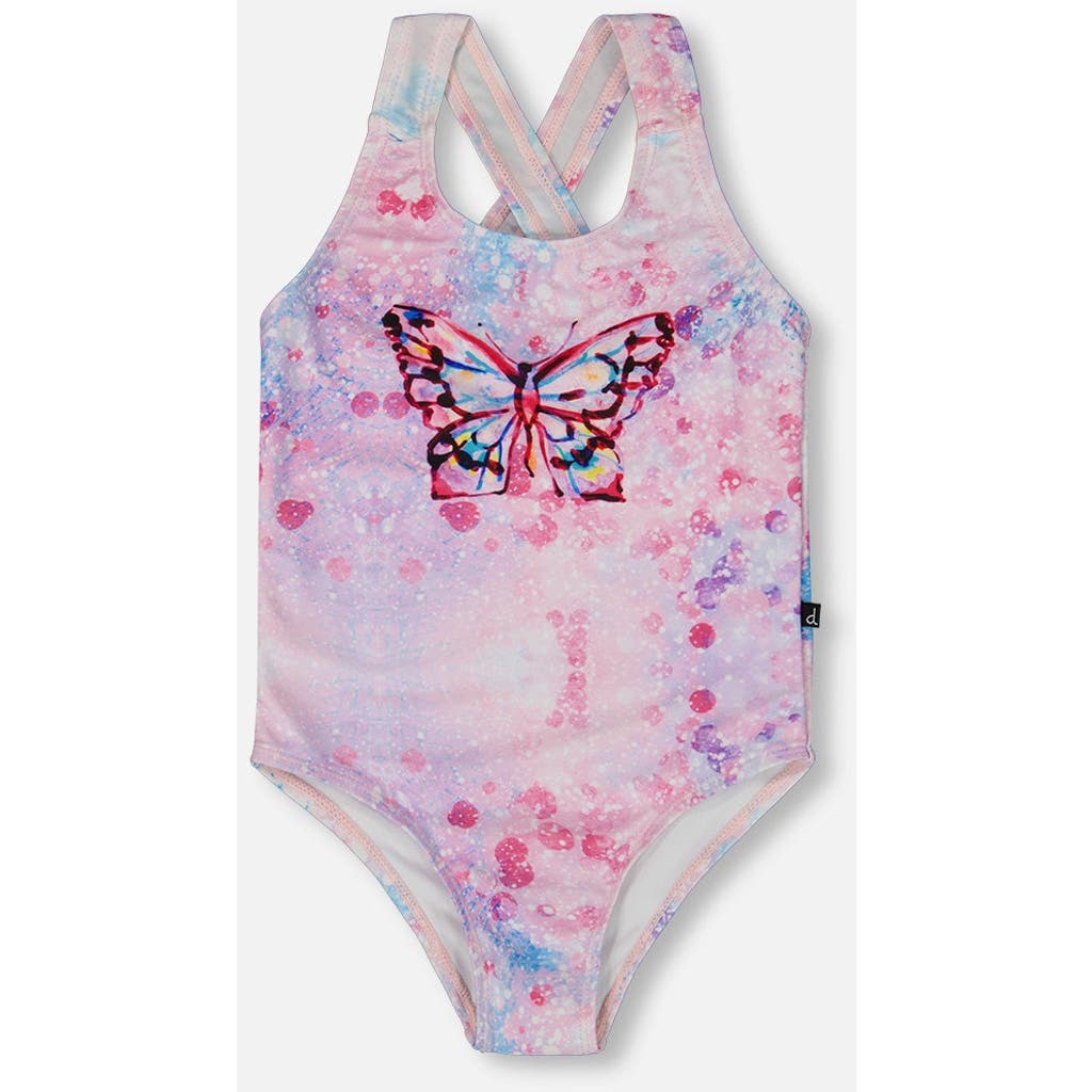 Deux Par Deux Girl's Printed One-piece Swimsuit Pink Butterflies With Bubble Effects In Pink Butterflies Bubble Effect