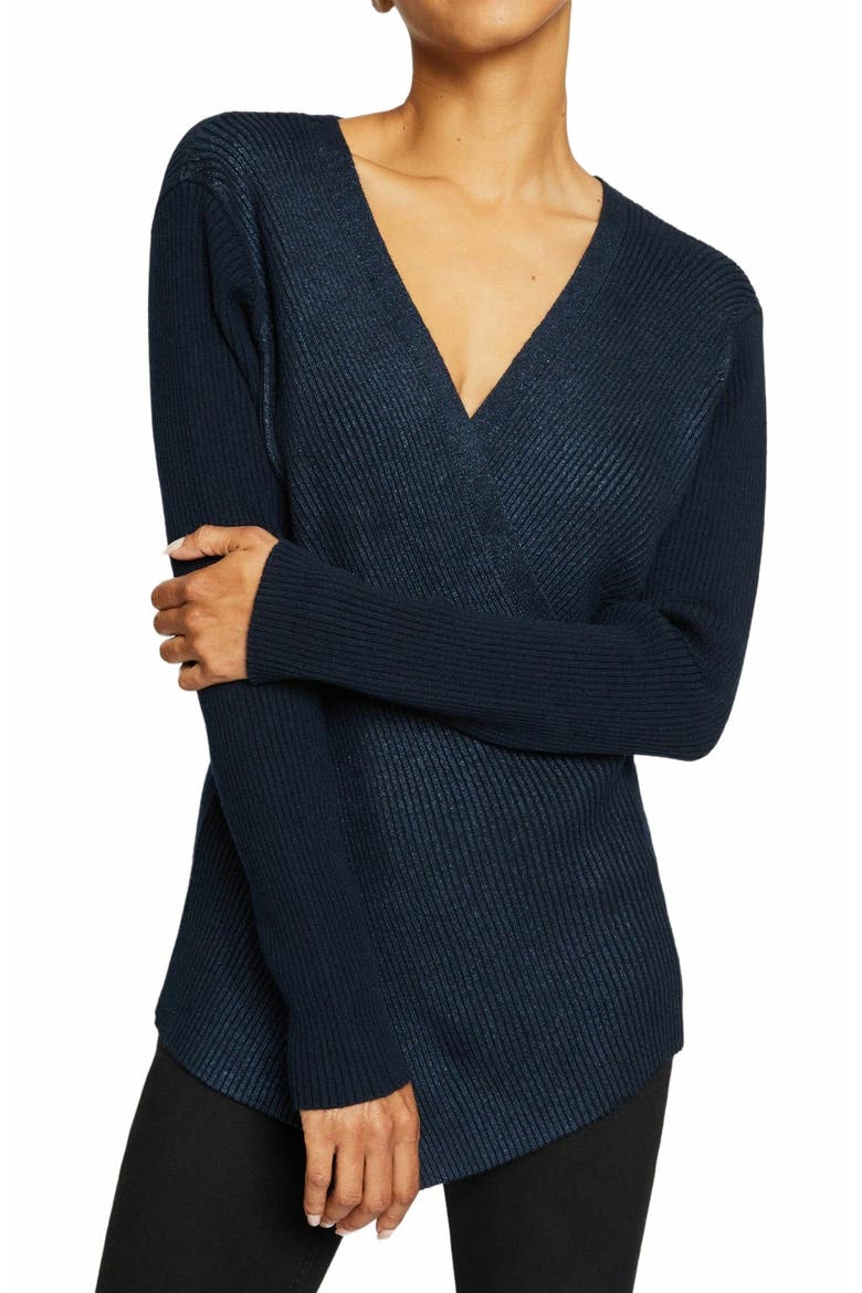 STACY Crossover V-Neck Sweater in Coated Wool Blend, Alternate, color, SPACE BLUE