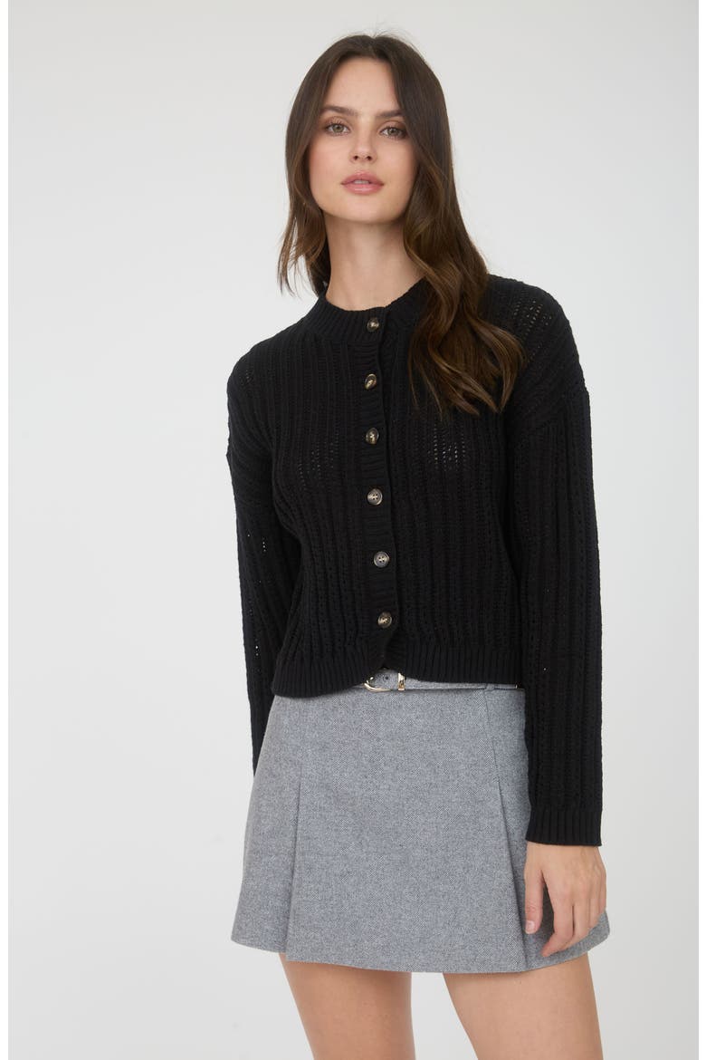 Pointelle Button Front Crop Cardigan, Alternate, color, BLACK