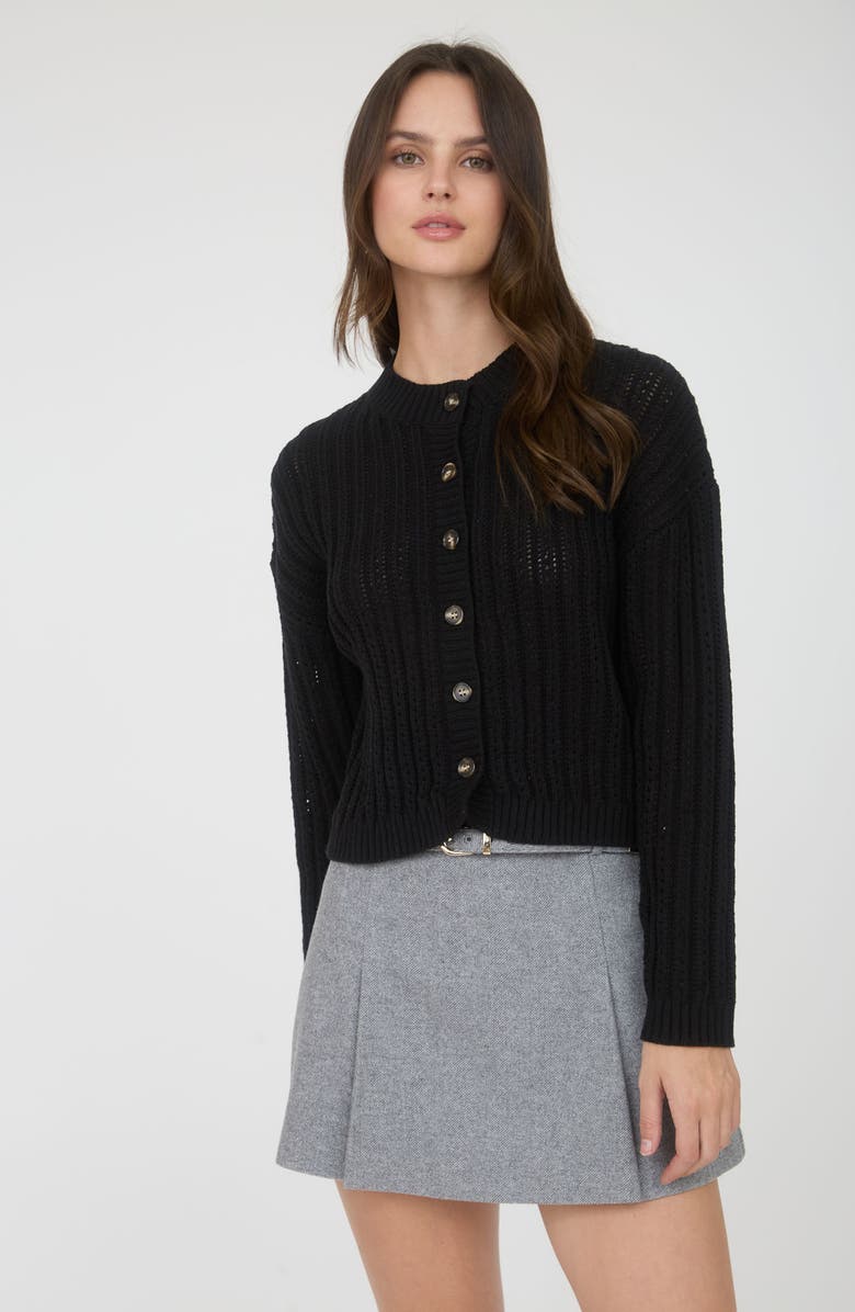 Blu Pepper Pointelle Button Front Crop Cardigan, Alternate, color, Black