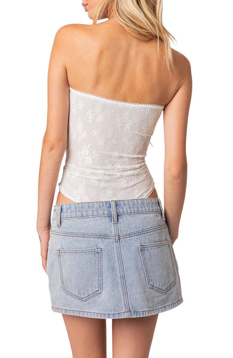 EDIKTED Alina Strapless Lace Bodysuit, Alternate, color, White