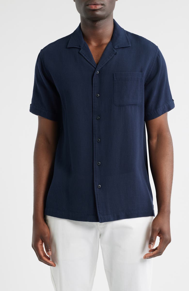 Brooks Brothers Cotton Waffle Camp Shirt, Main, color, Navy