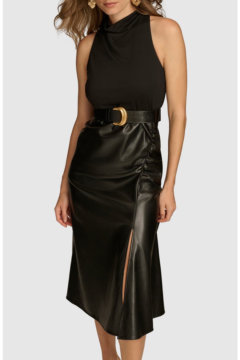 Belted Mixed Media Midi Dress, Alternate, color, BLACK/ BLACK