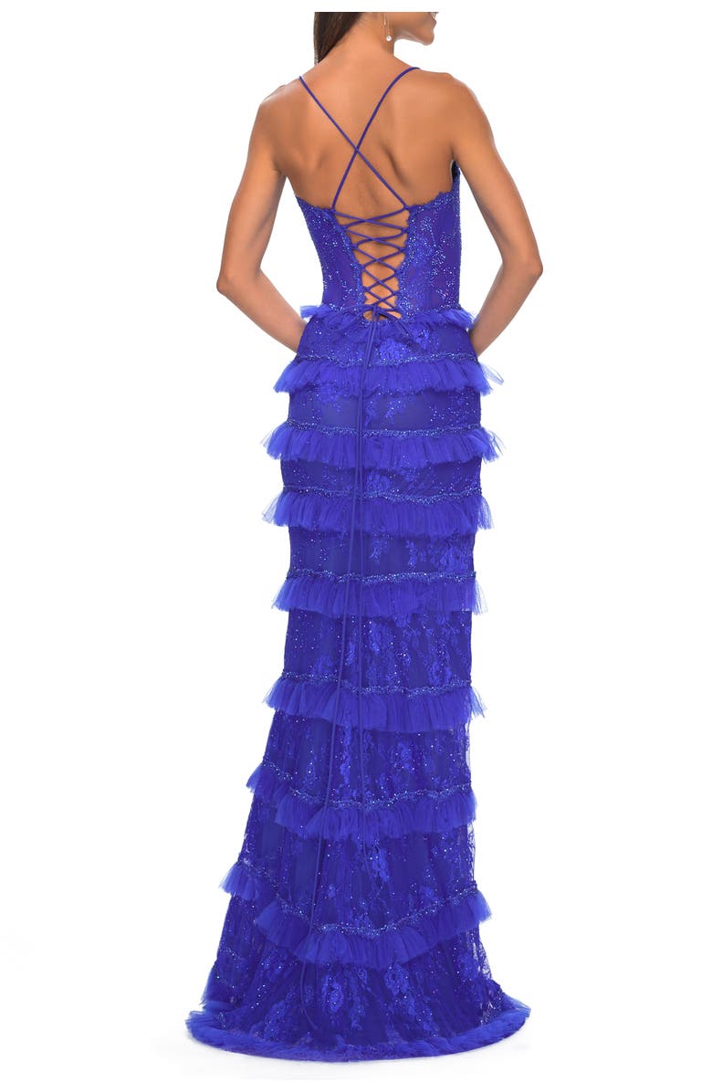 La Femme Fitted Ruffle Skirt Lace Dress with Illusion Bodice, Alternate, color, Royal Blue