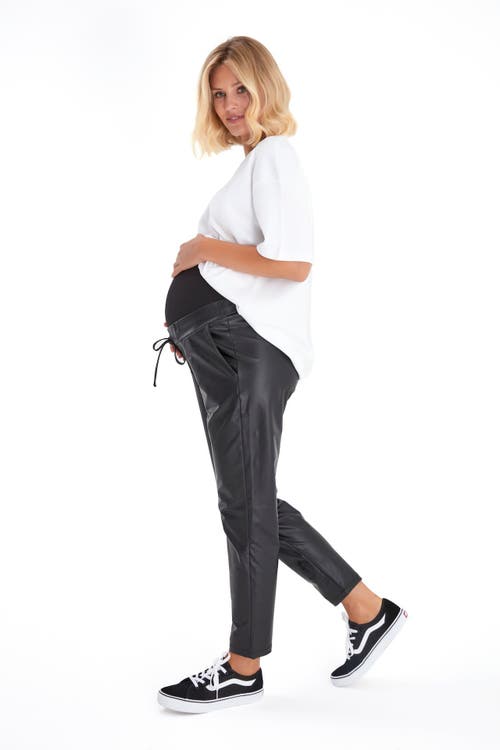 Accouchée Comfy Cool Foldover Waistband Faux Leather Jogger Pants In Black