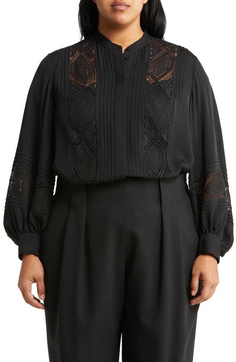 Lafayette 148 New York Boheme Lace Inset Silk Blouse, Main, color, 