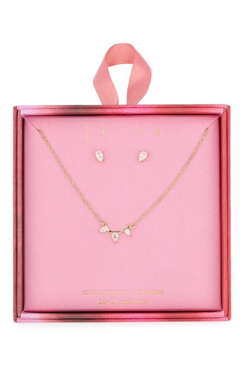 Cubic Zirconia Stud Earrings & Bar Pendant Necklace Set, Main, color, CLEAR- GOLD