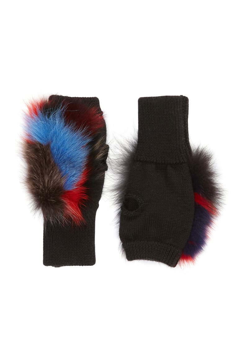 Insomniac Genuine Fox Fur Open Top Mittens, Main, color, DARK MULTI