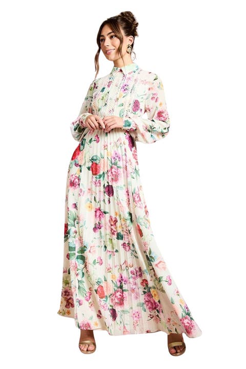 Pleated Lace Trim Midi Dress