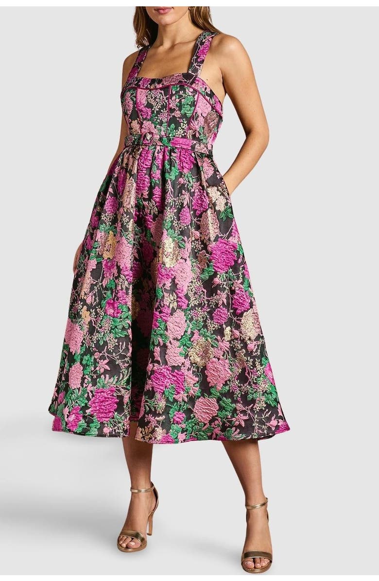 Coast Corset Jacquard Midi Dress, Alternate, color, Pink