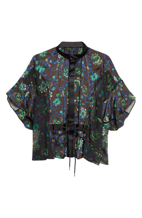 Floral Print Drawstring Button-Up Shirt