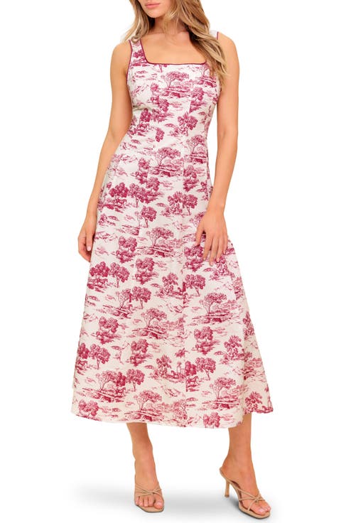 Square Neck Print Midi Dress