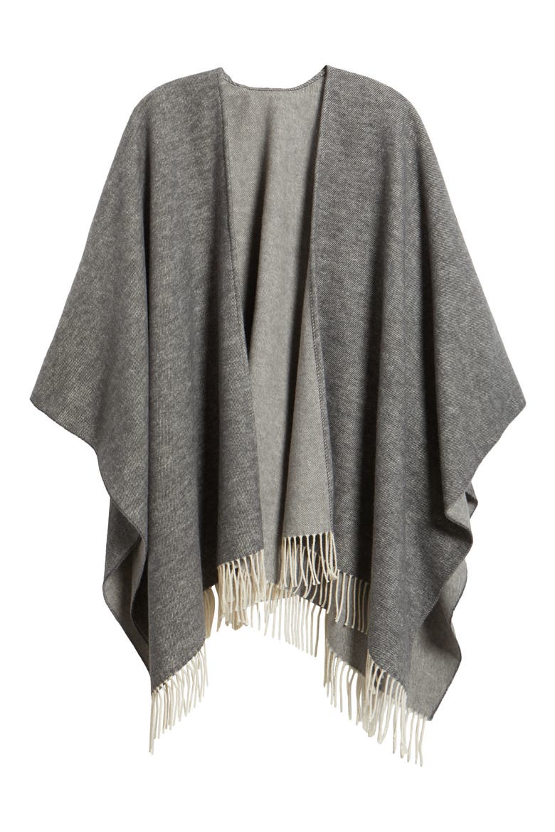 Fringe Trim Cotton Wool & Cashmere Poncho, Alternate, color, ASH