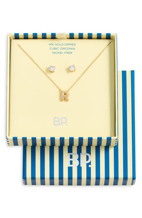 Initial Pendant Necklace & Stud Earrings Set