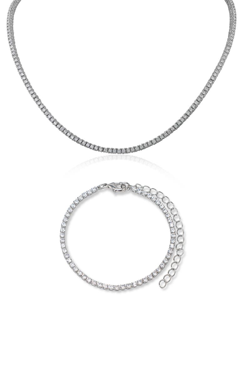 CZ by Kenneth Jay Lane Classic Cubic Zirconia Tennis Necklace & Bracelet Set, Main, color, Clear Silver