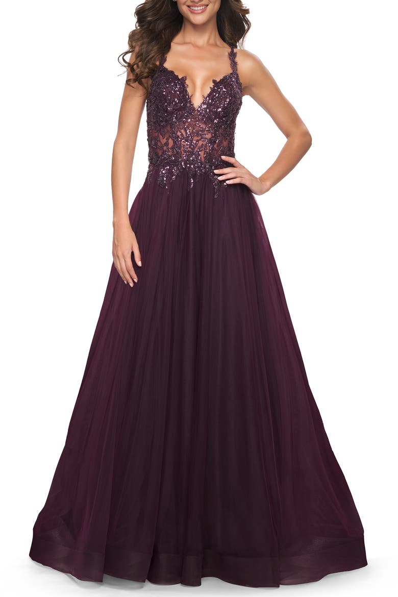 Tulle A-Line Gown with Sheer and Beaded Lace Detail, Main, color, Dark Berry