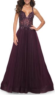 La Femme Tulle A-Line Gown with Sheer and Beaded Lace Detail