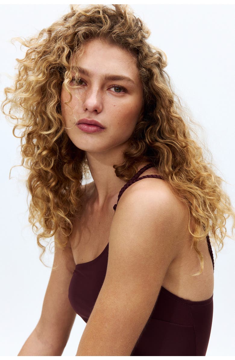 H&M Padded-cup One-shoulder Swimsuit, Alternate, color, Burgundy