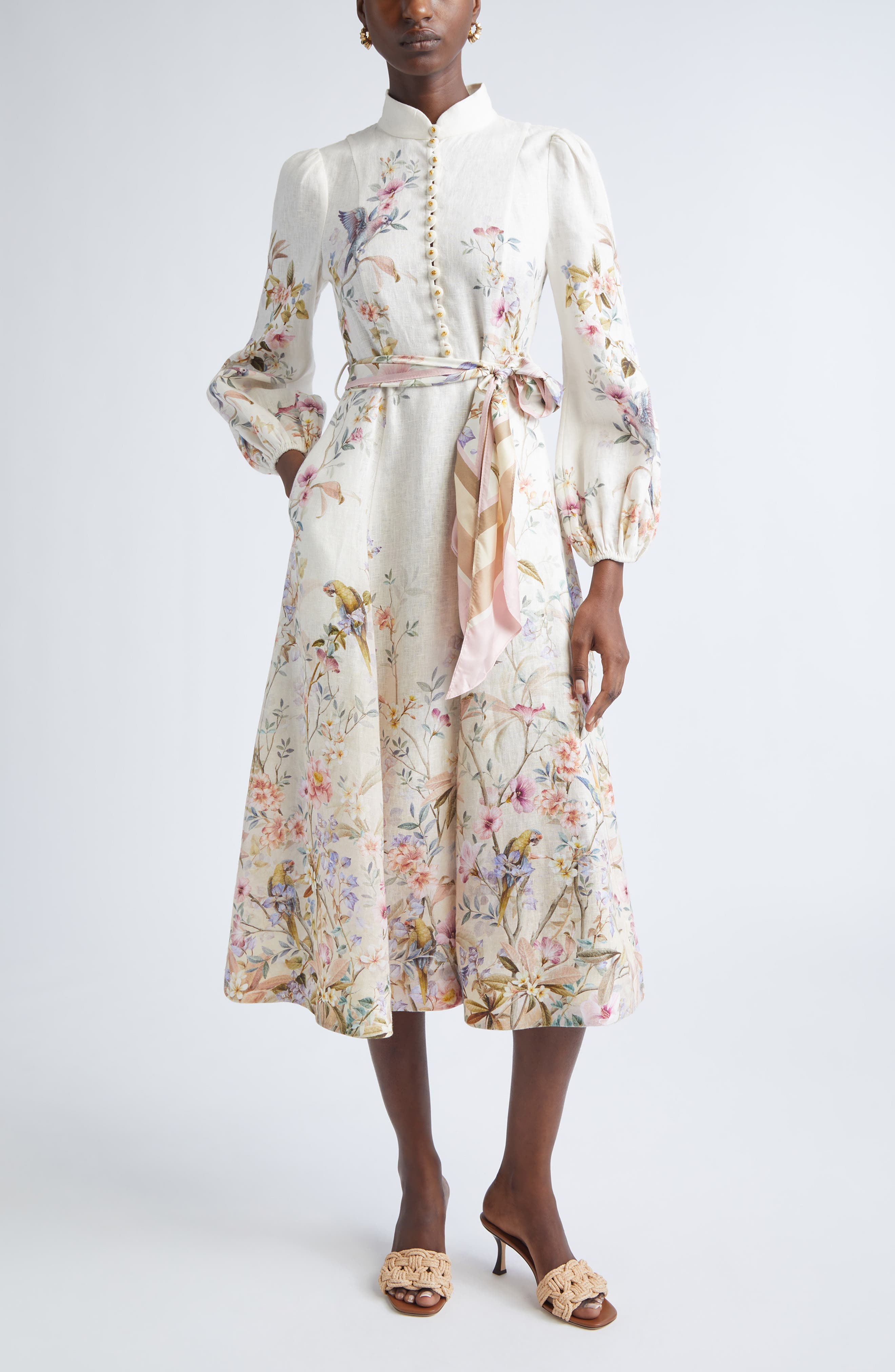 Zimmermann Rebellion Multicolor Midi Dress With Bow Detail On The Front And All-over Floral Print In Linen Woma In Multi