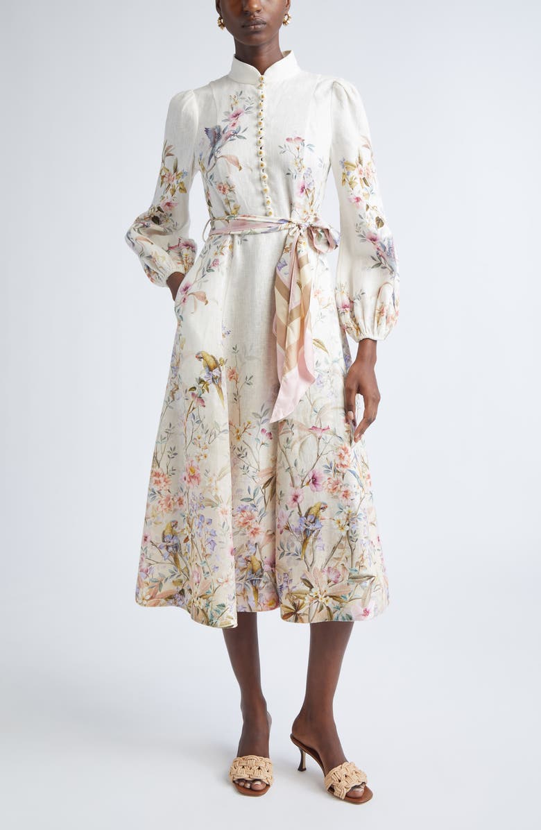 Zimmermann Rebellion Linen Button Midi Dress, Main, color, Cream Aviary