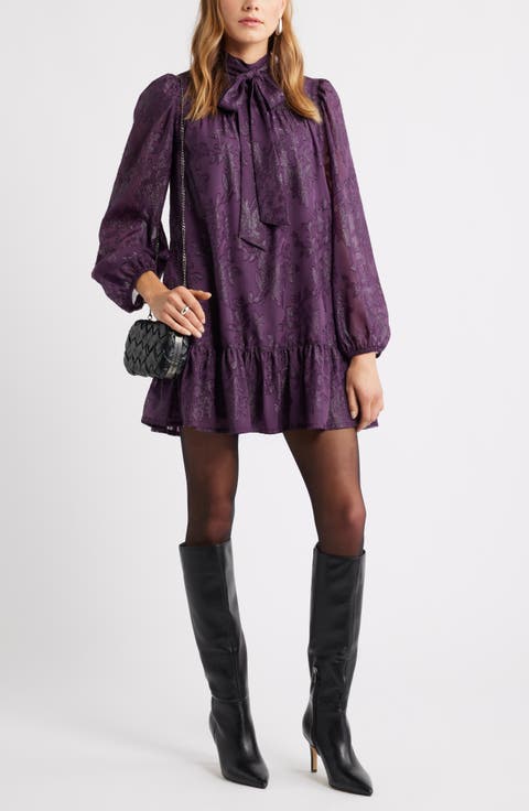 Metallic Floral Jacquard Long Sleeve Shift Minidress