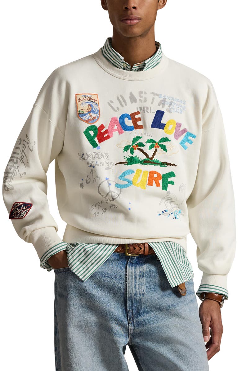 Polo Ralph Lauren Vintage Fit Peace Love Surf Embroidered Sweatshirt, Main, color, Nevis