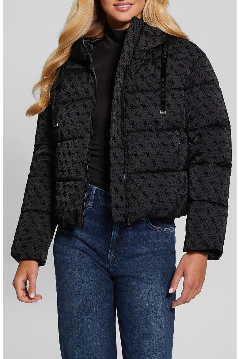 Daisy Flock Logo Puffer Coat, Main, color, BLACK