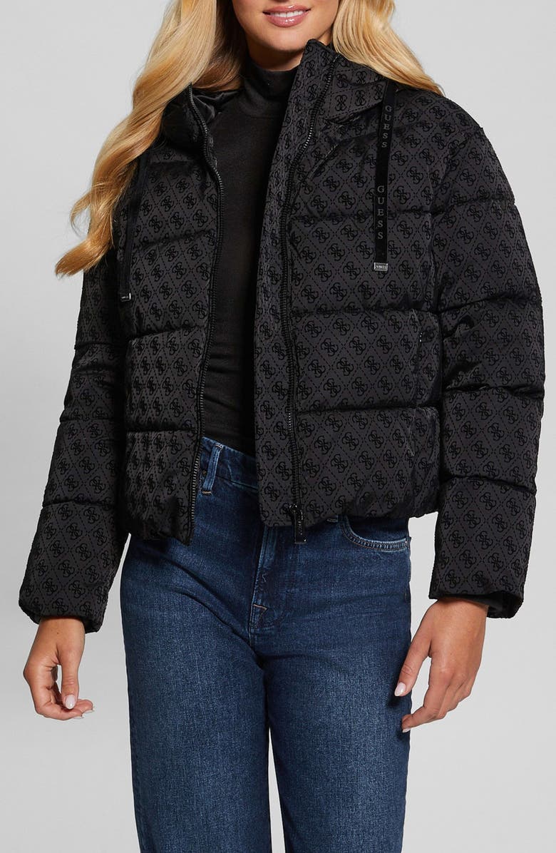 GUESS Daisy Flock Logo Puffer Coat, Main, color, Black
