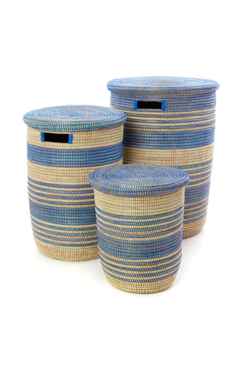 African Modern Set of Three Blue Ebb & Flow Striped Hampers, Main, color, Blue
