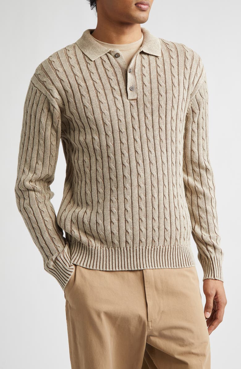 BEAMS Pigment Dyed Cable Knit Cotton Polo, Main, color, Beige