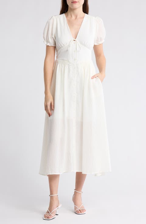 Puff Sleeve Cinched Waist Midi Dress